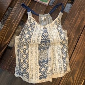 Blue and cream lace tank top